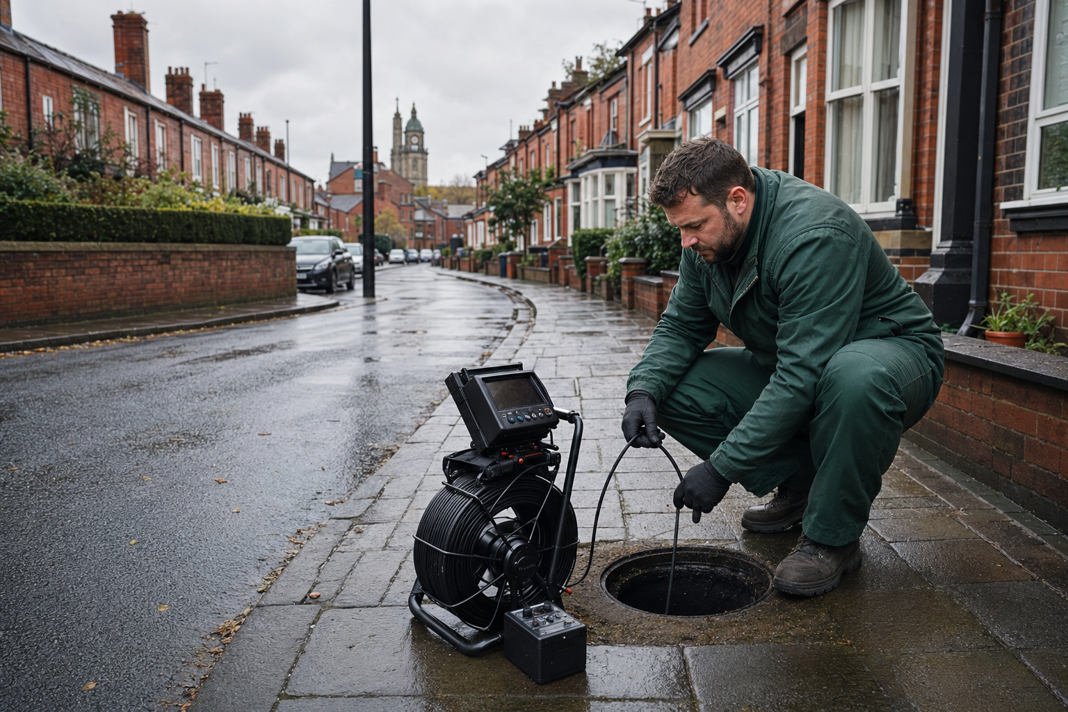 Drainage engineer carrying out a drain inspection on a Leeds residential street